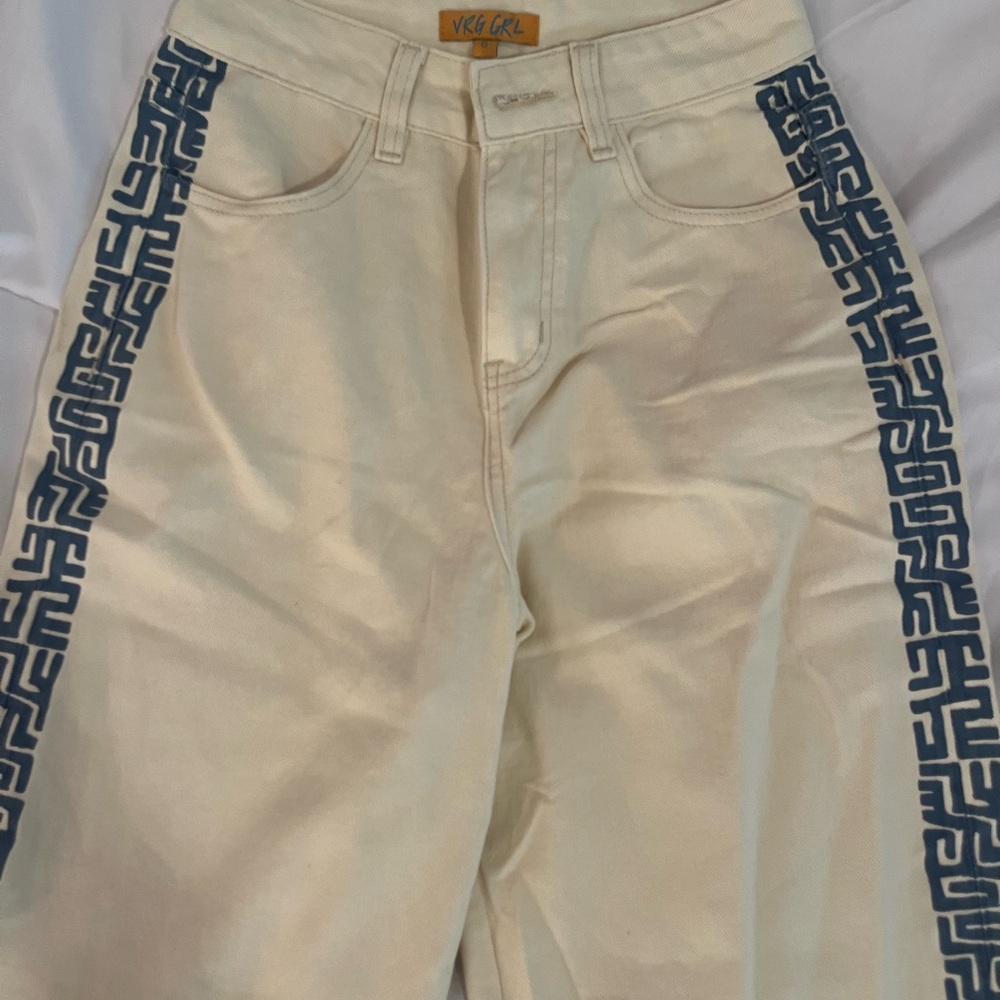 VRG GRL Cream Pants with Blue Pattern